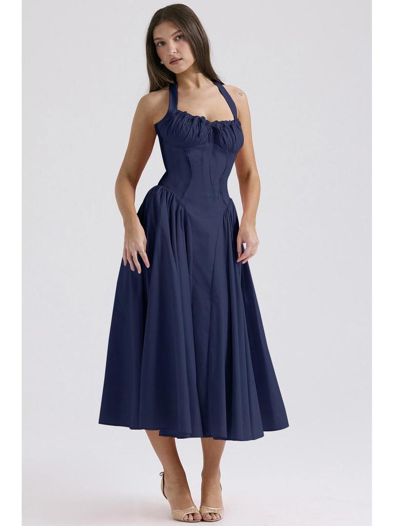 2025 European & American Style Summer Slim Spaghetti Strap Printed Halter Lace Dress