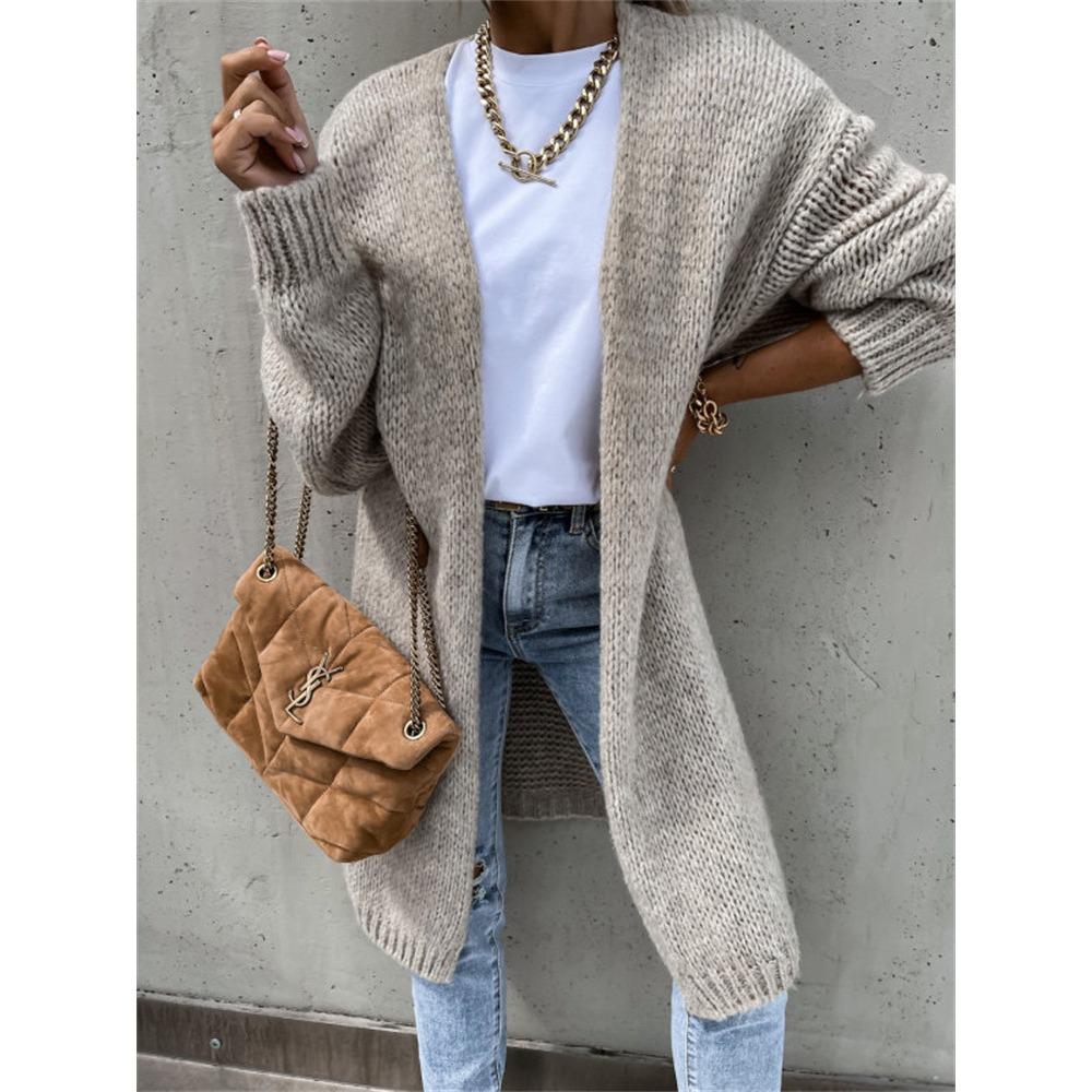 Neuer einfarbiger mittellanger Strick-Cardigan-Pullover für Damen im Herbst und Winter