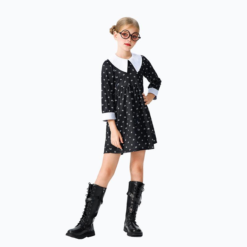 Halloween Children's Costume Adams Family Costume Wednesday Black Long Sleeve Dress Girls Party