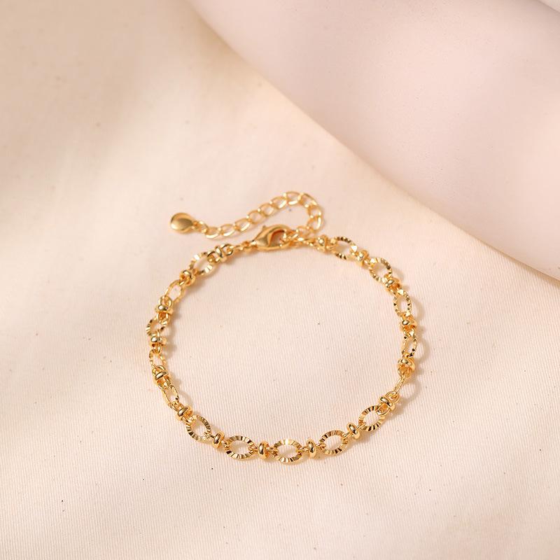 Gold Plated Textured Circle Link Bracelet With Extension Chain