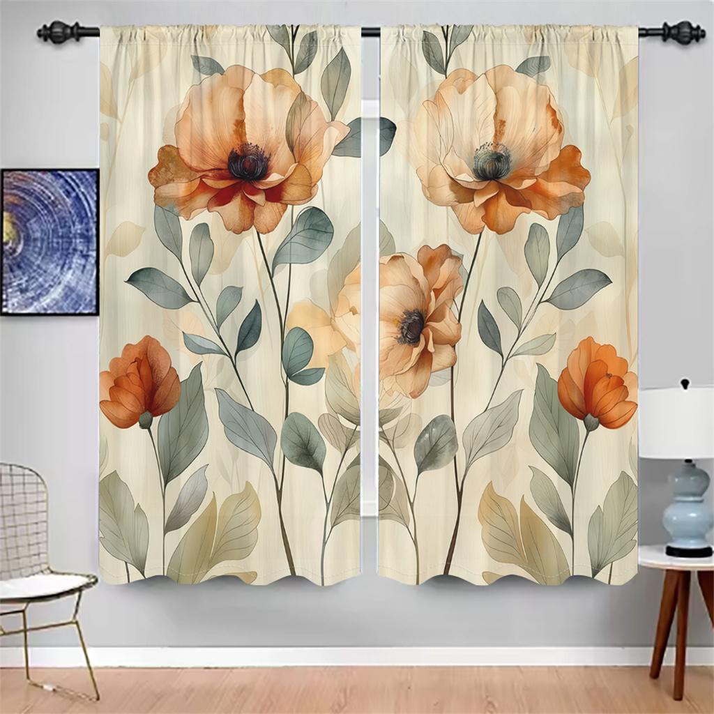 

2 шт. Винтажные шторы с цветочным принтом, 3D рисунок оранжевых маков, для гостиной, спальни, балкона, солнцезащитные, художественный декор шторы 29.5W65H(inch)x2Pcs&Rod Pocket