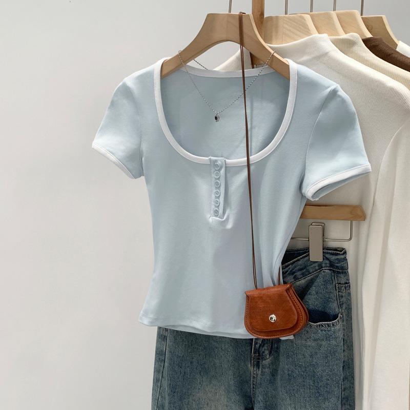 

Women s Contrast Square Neck Short Sleeve Cropped T-shirt, Summer 2026 Style, Petite, Slimming, Pure Desire Small синий