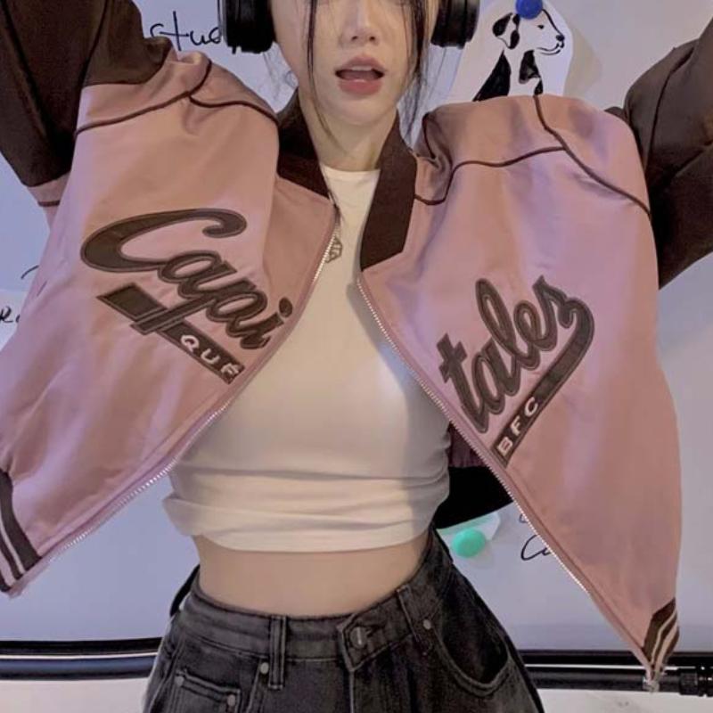 

Женские бейсбольные куртки Y2K, свободные укороченные куртки-бомберы большого размера с буквенным принтом, спортивная женская корейская ветровка XXL розовый