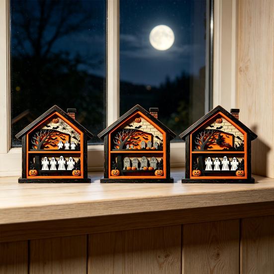 Halloween Wooden Table Sign Ghost Skeleton Block Spooky House Shape Sign Rustic Farmhouse