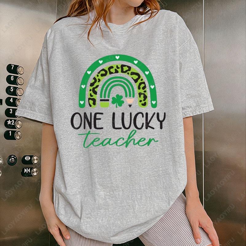 St Patricks Day One Lucky Teacher Cotton Tees Rainbow Lucky Shamrock Graphic T Shirts Teacher Unisex Shirt Funny Holiday Gifts