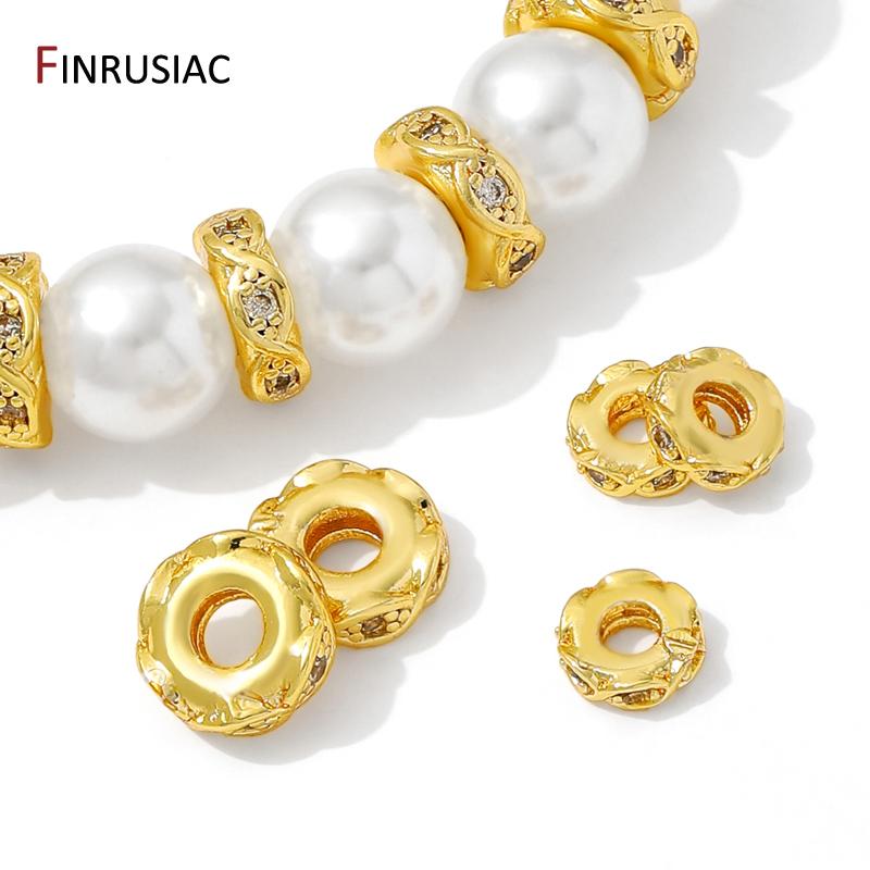 14K Gold Plated Messing Flache Abstandshalter Perlen Für Armband, Trennstück Für Perlen, Eingelegte Zirkonia Abstandshalter Perlen Für DIY Schmuckzubehör