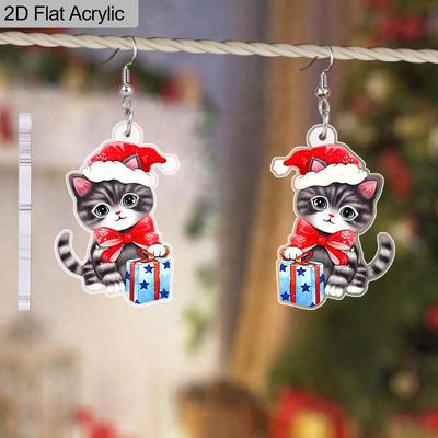 2D Flat Acrylic Christmas Hat Cat Earrings Dangle Drop Cute Kitten Pets Jewelry Funny Gifts for Women Charms Party Favors