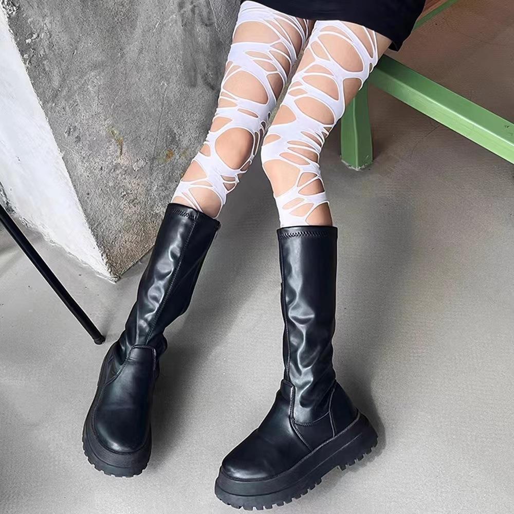 Fishnet Stockings Female Sexy Black Stockings Punk Wind Ripped Bandages Black Silk Knee Socks Irregular Stockings