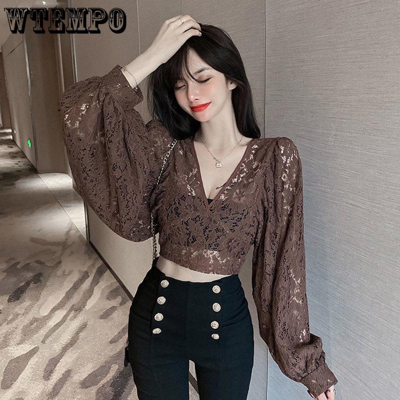 Jarní Černé Bílé Krajkové Halenky Dámské Elegantní Výstřih do V Dlouhý Bufetový Rukáv Otevřená Záda Krátké Topy Dámské Párty Slim Košile