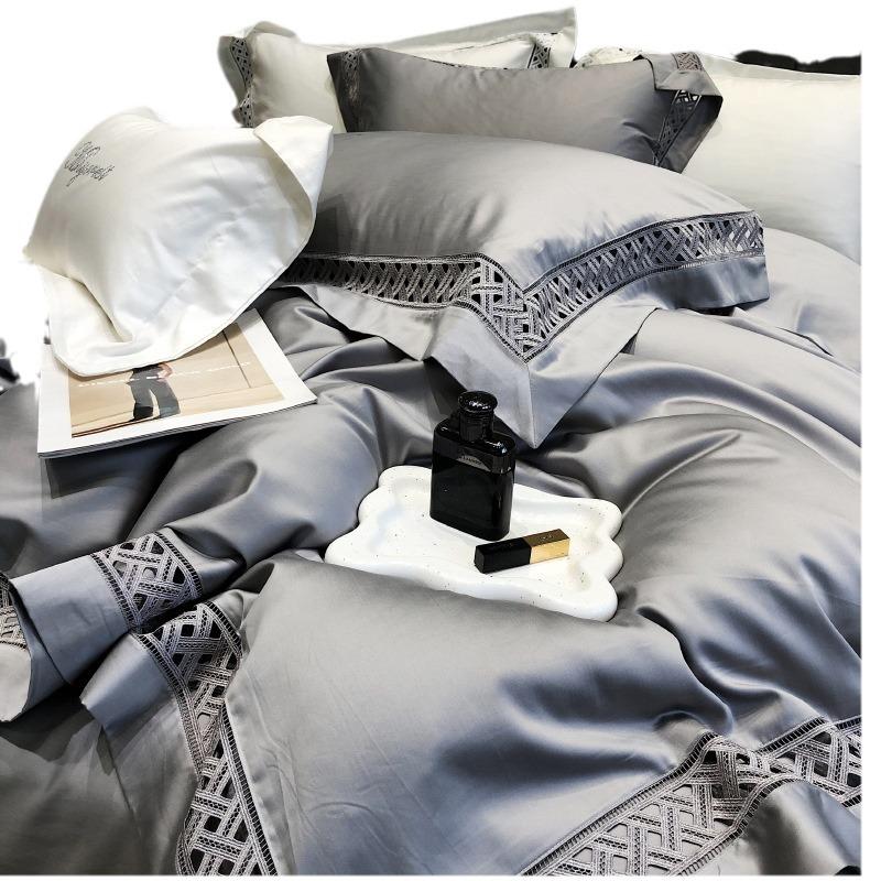 Set nordic din patru piese din bumbac pur, cu număr de 180 de fire, pentru a dormi gol, cearșaf de pat din bumbac cu capse lungi, cuvertură de pilota