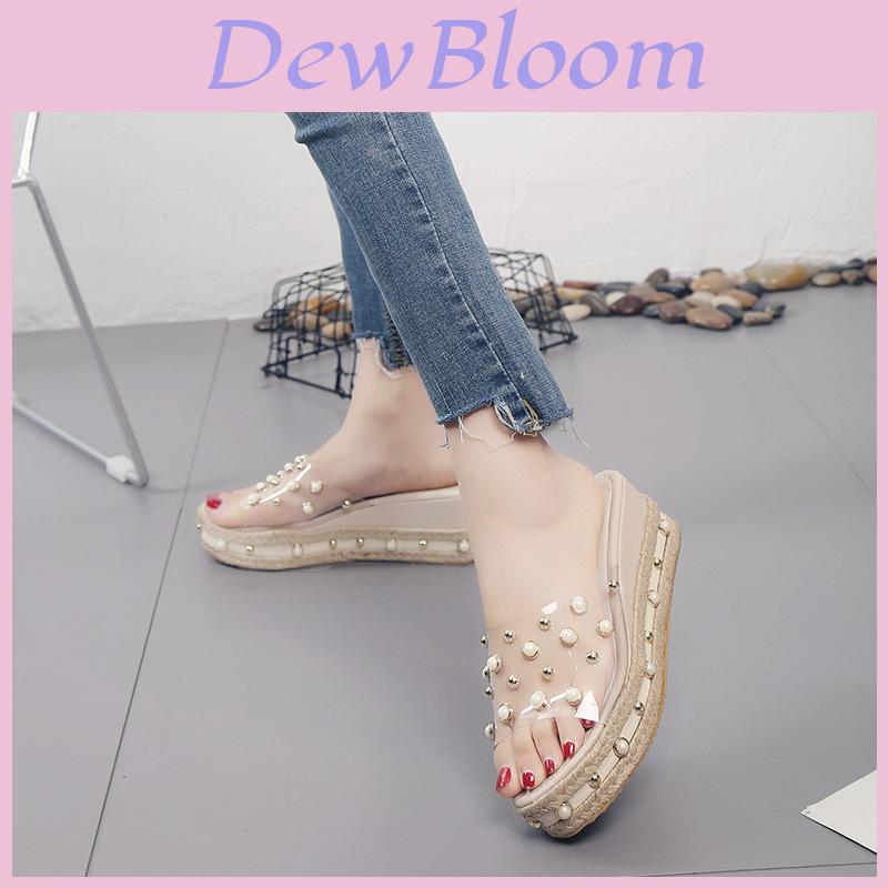 Elegant Women Pearl High-heeled Slippers With Grass Thick-soled Outdoor Sandals