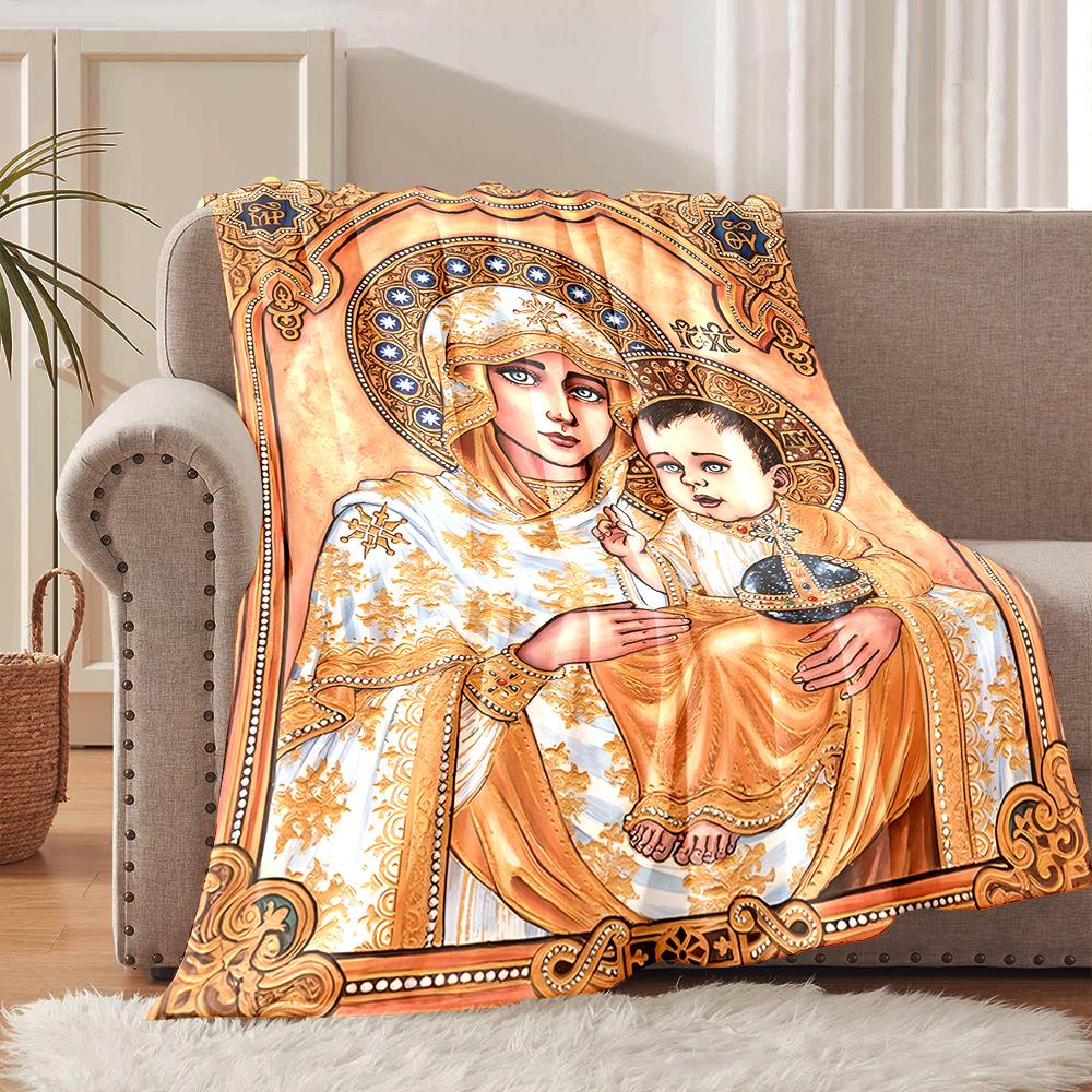 1PC Religious Icon with Golden Details Faith-printed Flannel Blanket Soft and Warm Suitable for Home Travel Picnics Camping RV