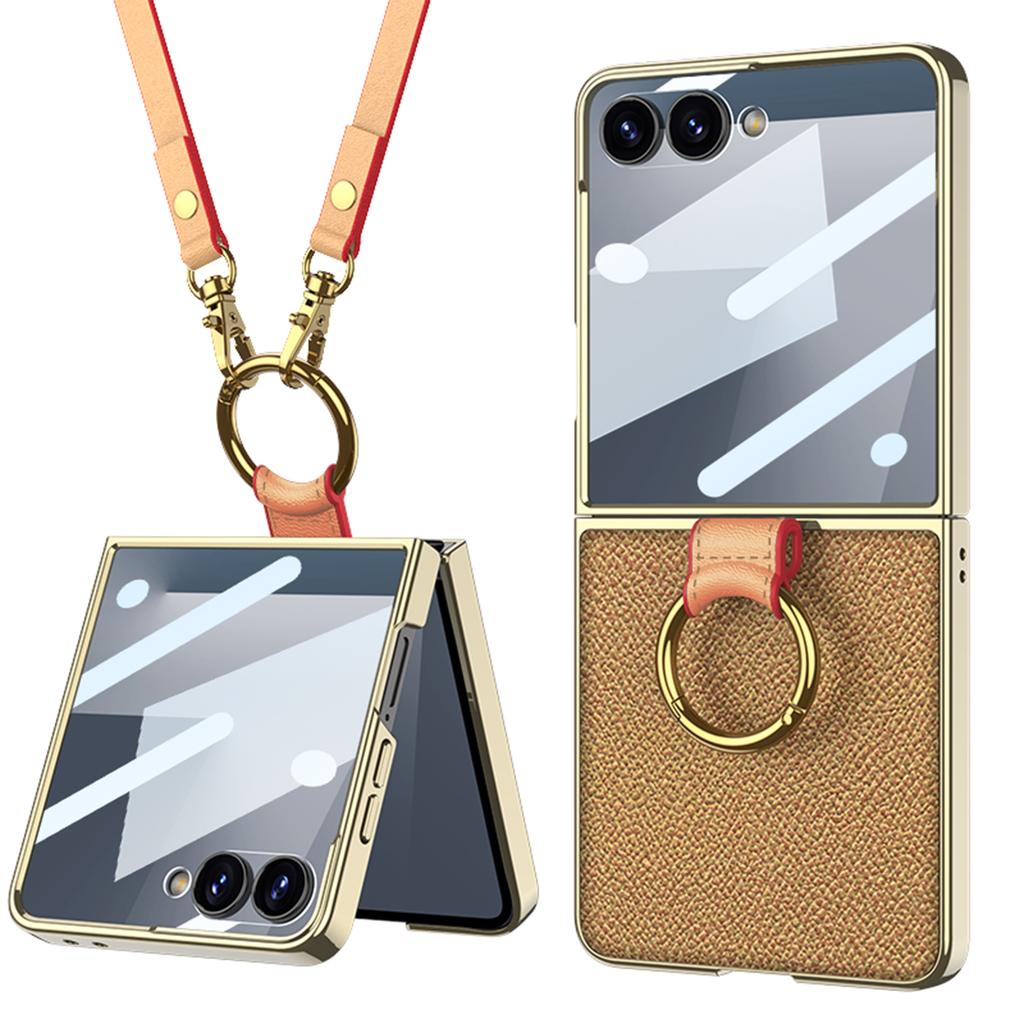 Luxury Plating Leather Strap Case for Samsung Galaxy Z Flip 7 6 Back Screen Glass Ring Holder Hard Cover for Galaxy Z Flip7 Case