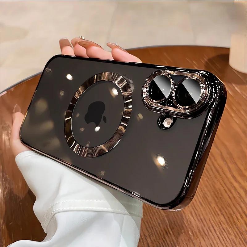 New Color Clear Glass Lens Protector Phone Case for iPhone 15 11 12 13 14 16 Pro Max Plus X XR XS Max Magnet Soft Magsafe Cover