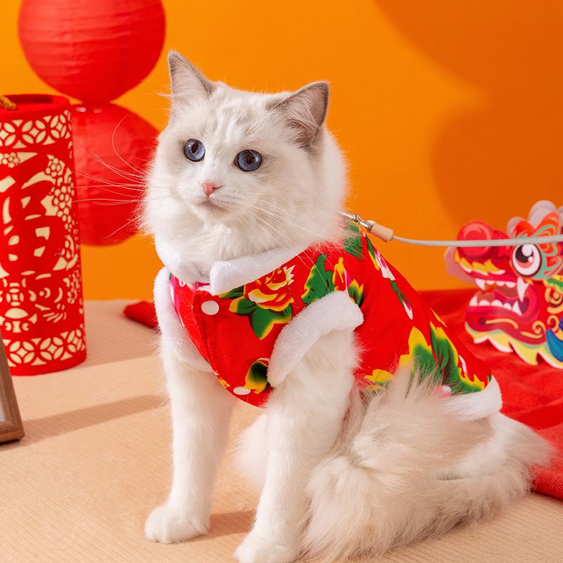 Big flower padded jacket cat clothes to keep warm in autumn and winter can pull two-legged vests into kittens and dogs pet clothing
