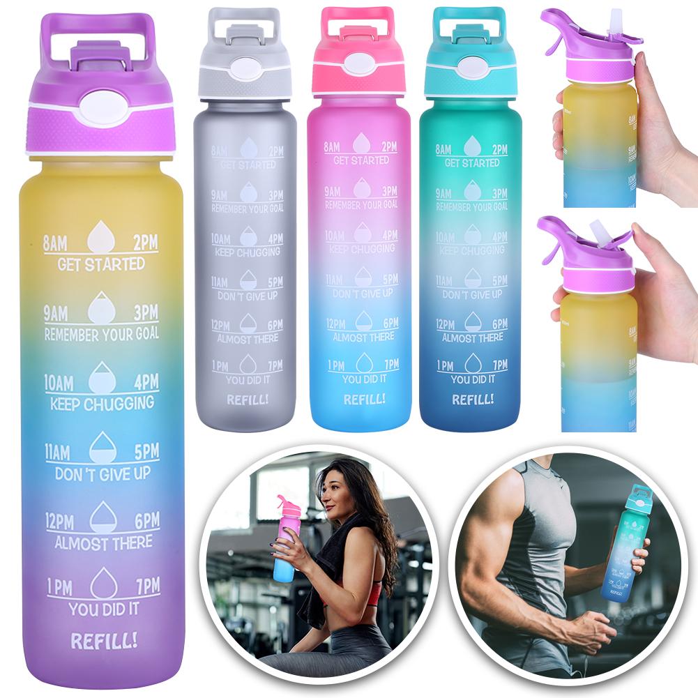 1000ml Motivational Water Bottle with Time Marker Spray Water Bottle Straw Drinking Bottle Gradient for Outdoor Hydration