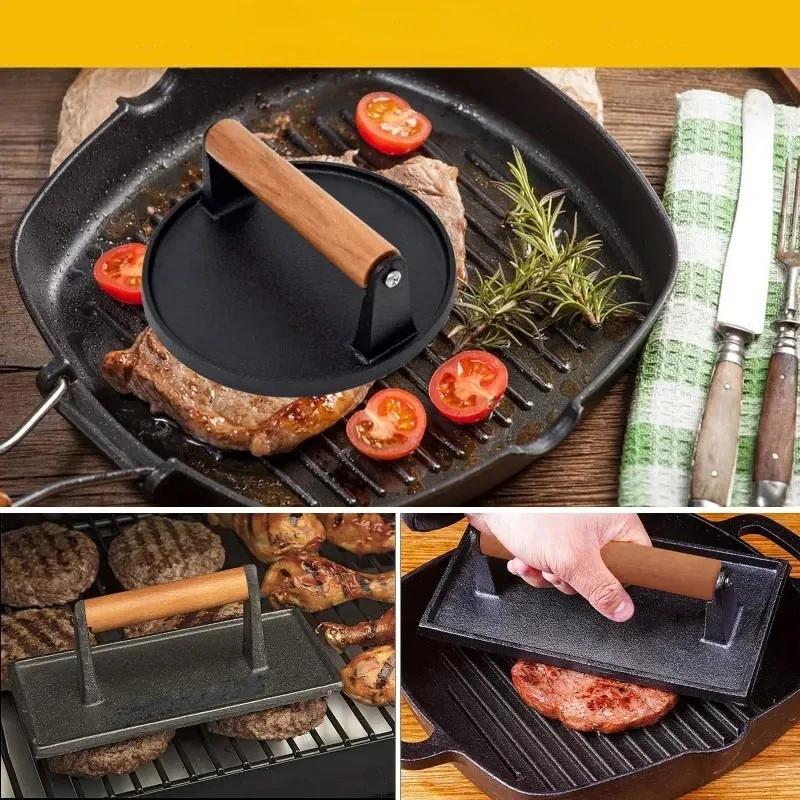 Cast Iron Rectangular Meat Press Round Steak Burger Press Barbecue Press for Flat Top Grill Hamburger