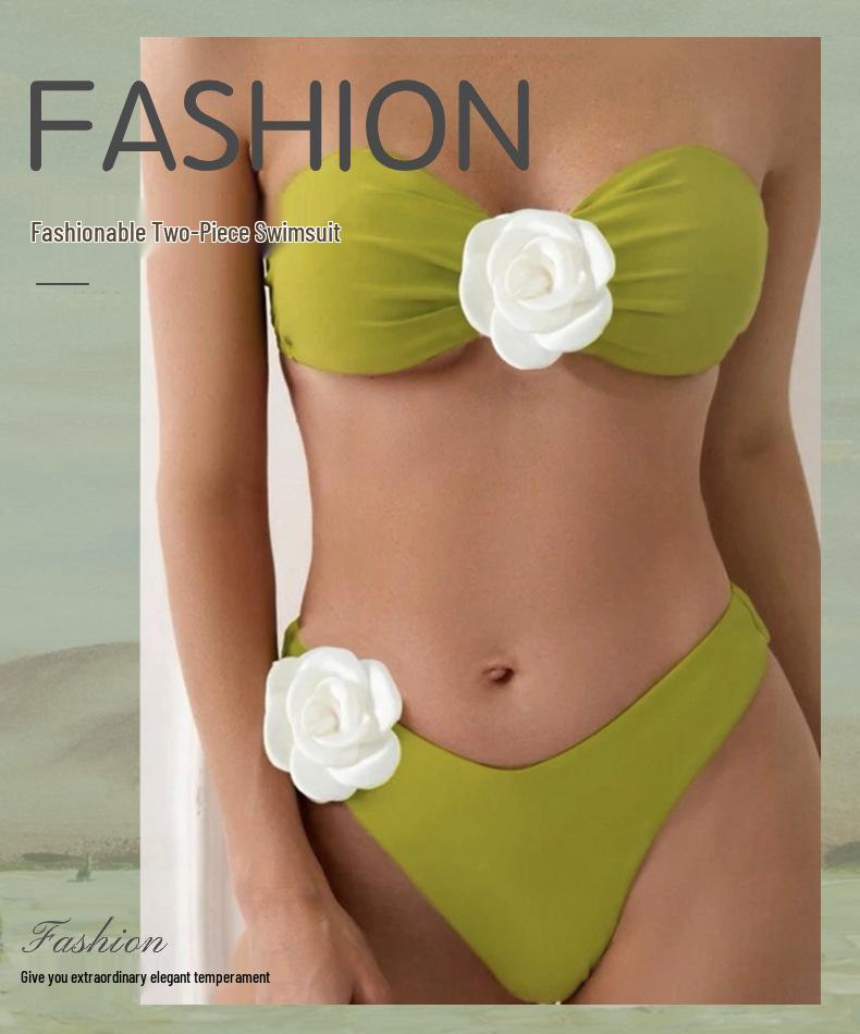 2024 Sexy Solid Color Halter Bandeau Two-Way Flower Bikini Swimsuit for Women