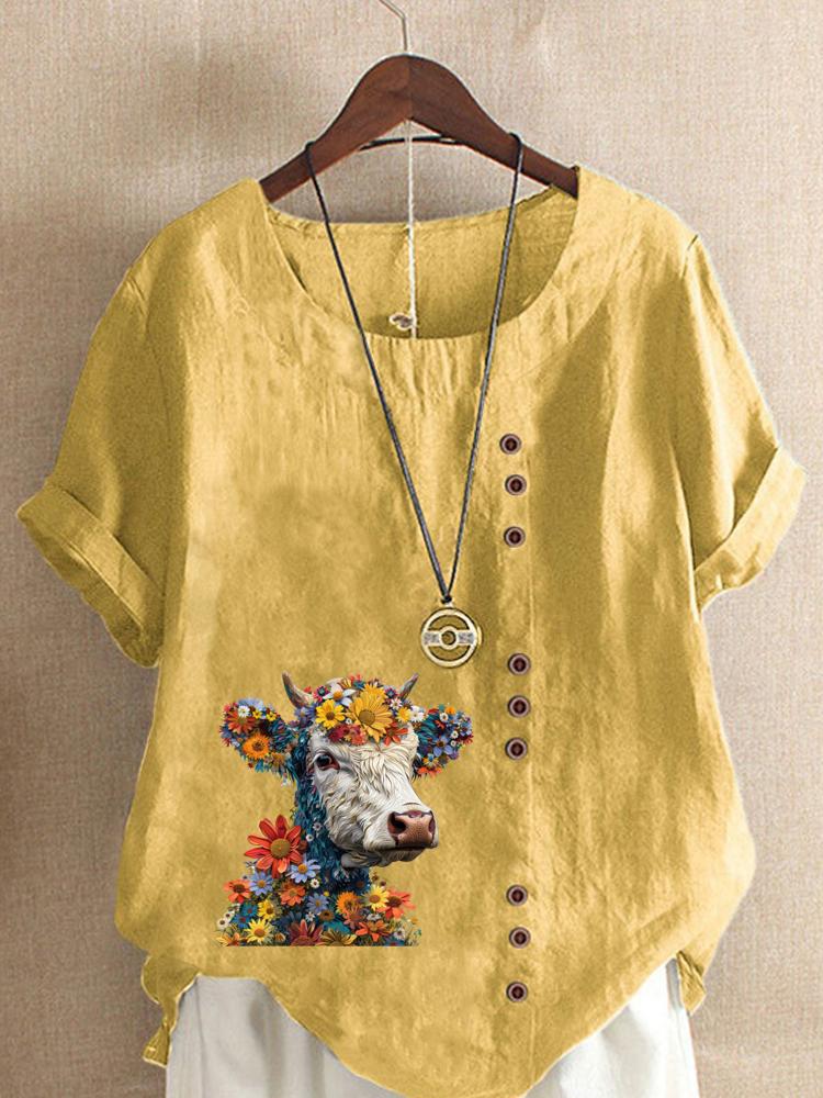 Women's Fashion Buffalo Print Round Neck Short Sleeve T-shirt Casual Cotton Linen Graphic Shirt Leisure Loose Summer Blouse Tops