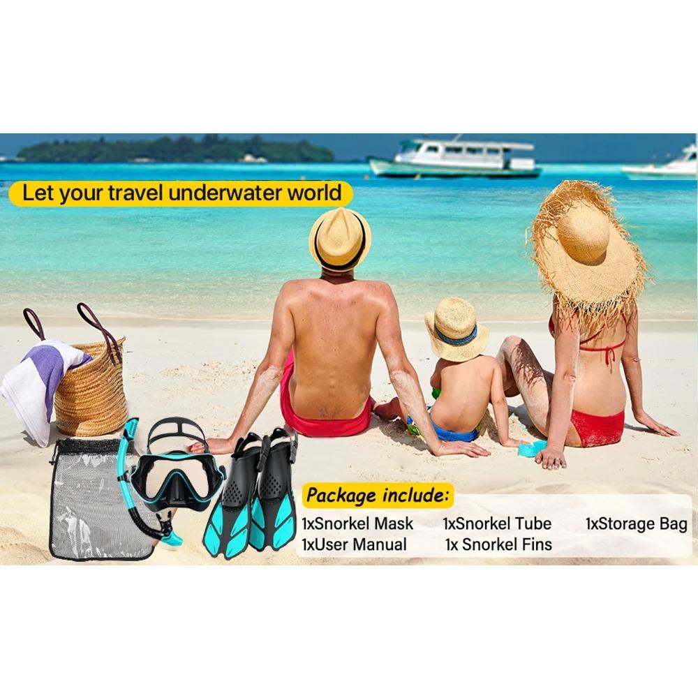 Masker Vinnen Snorkel Set, Snorkeluitrusting voor Volwassenen, Panoramisch Zicht Anti-Mist Snorkelmasker, Verstelbare Duikvinnen, Dry Top Snorkel