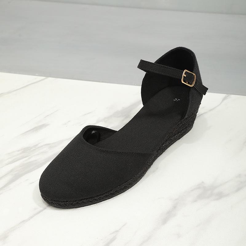 Women's Straw Hemp Rope Wedge Heels with Round Toe and Buckle