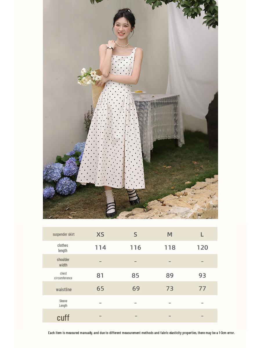 Deer to the South  French Elegance  Polka Dot Summer Dress: Women s Spaghetti Strap, Fitted Waist, Long Design L Special Slub Fabric