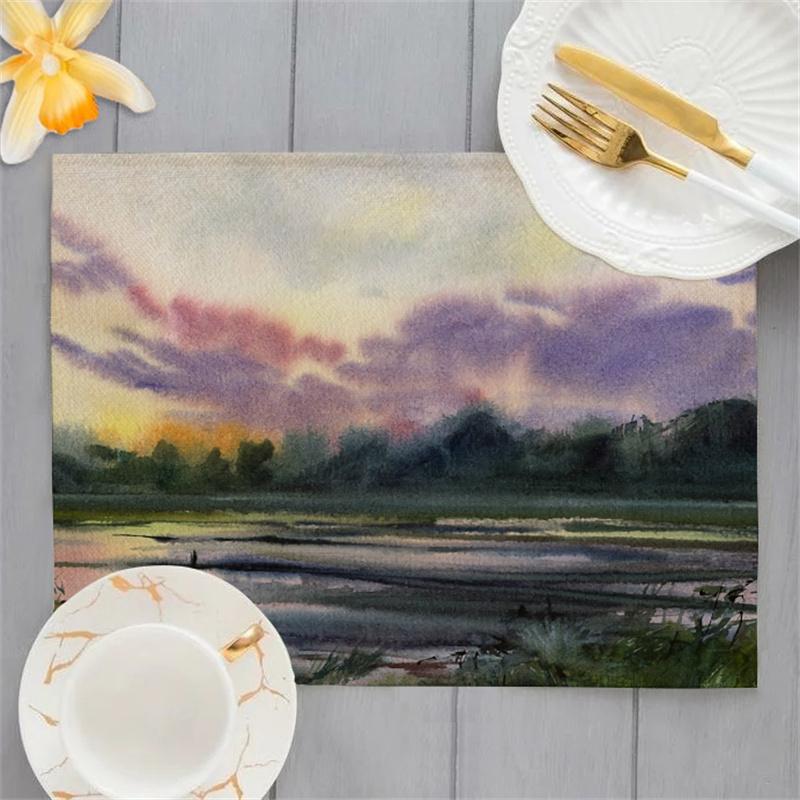 

Floral Tree Linen Kitchen Placemat 45x30cm Oil Painting Landscape Dining Table Mat River Lake Scenery Print Coffee Mats Pad 2pcs 30x45cm