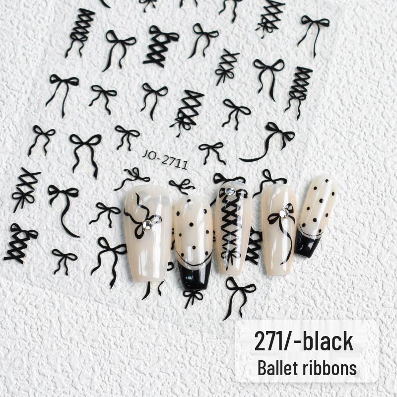 Black White Pink Ballet Ribbon Bow Nail Stickers - Self-Adhesive and Wearable