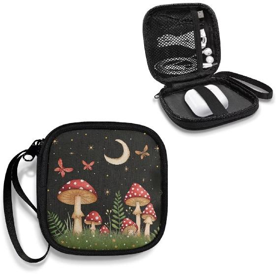 Mushrooms and Moon Carrying Earphone Case Pouch Storage Bag Holder-Earbud Case Headphones Storage Bag Pouch for Headphone, Bluetooth