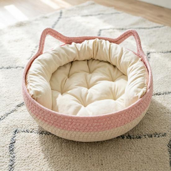 Cat Bed Basket Cotton Rope Woven Pet Bed for Indoor Cats Scratchable Round Pet Sleeping Basket for Cats Puppies Rabbits