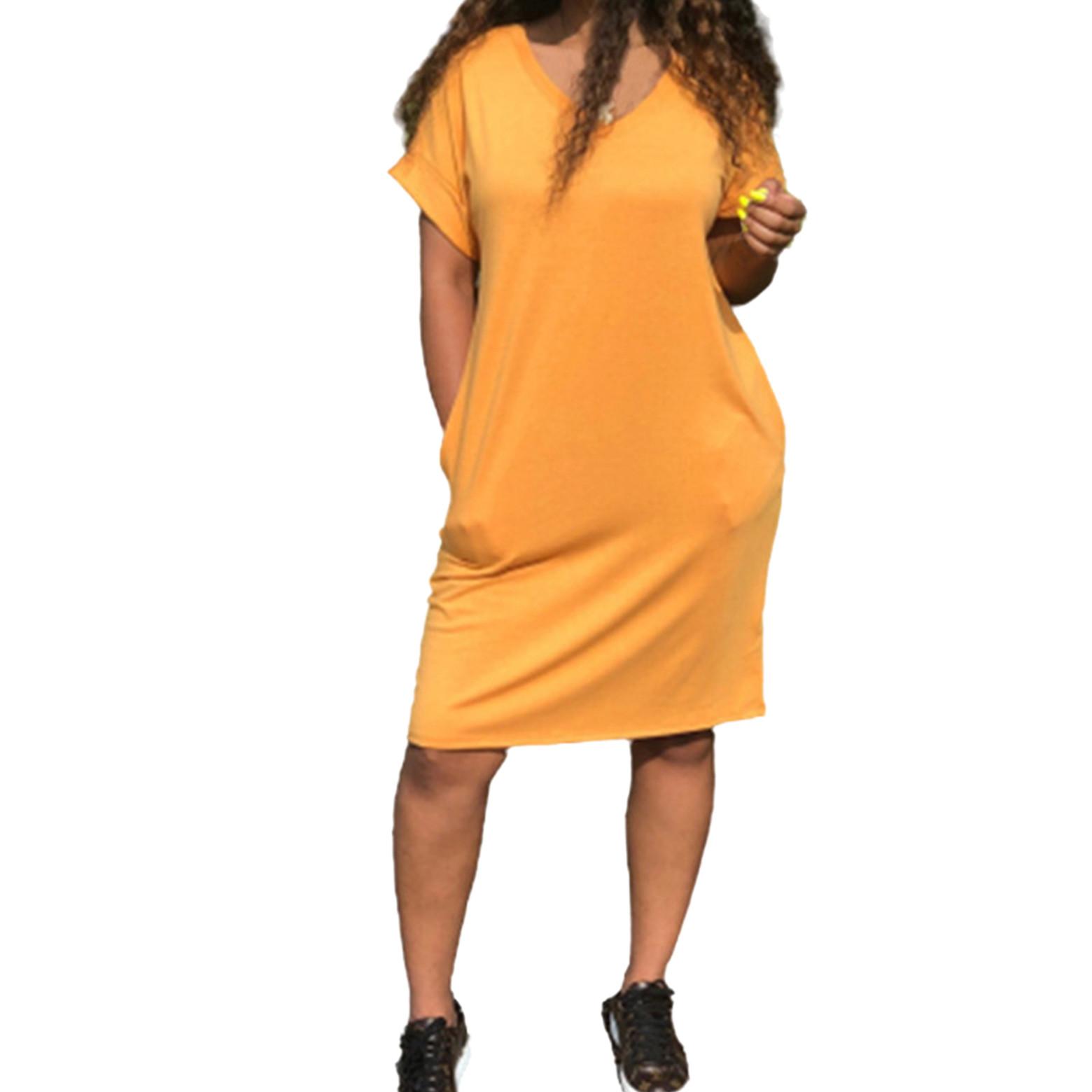 

Женское летнее повседневное платье-футболка с v-образным вырезом, короткими рукавами и карманами средней длины XL жёлтый