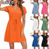 Women's Fashion Summer Spring Solid Color Print Short Sleeve V-Neck Casual Dresses