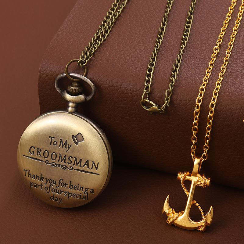 

2 шт./набор, 1 шт. ретро модные мужские карманные часы «To My GROOMSMAN» ожерелье кулон кварцевые карманные часы и 1 шт. классическое мужское золотое якорное ожерелье