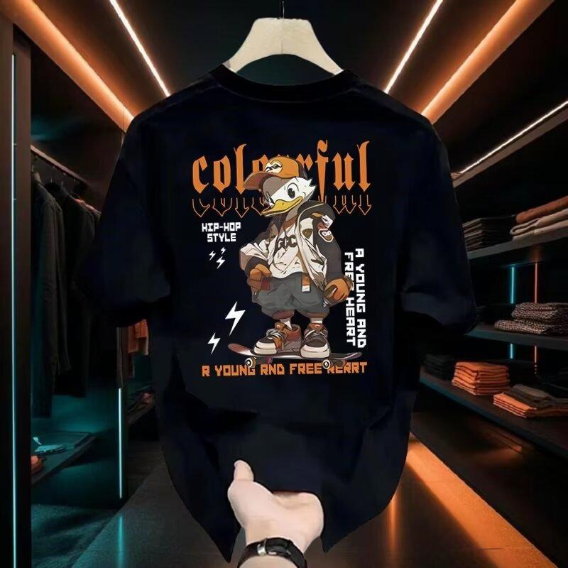 Fashionable Cartoon Print Crew Neck Short Sleeve Casual Cotton T Shirt For Men S чёрный