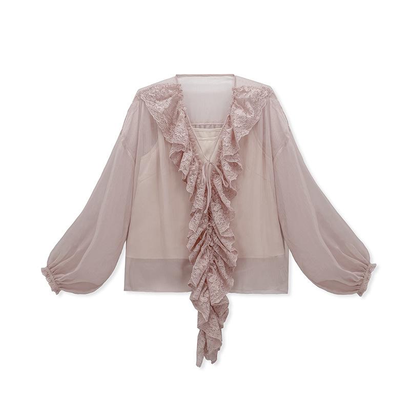 Spring and summer fashion new national style new Chinese ruffle edge lace top + A word big swing skirt suit female P1119