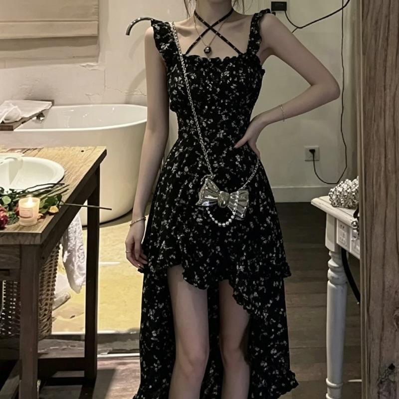 Black irregular floral suspender dress women's summer new small French beautiful long dress
