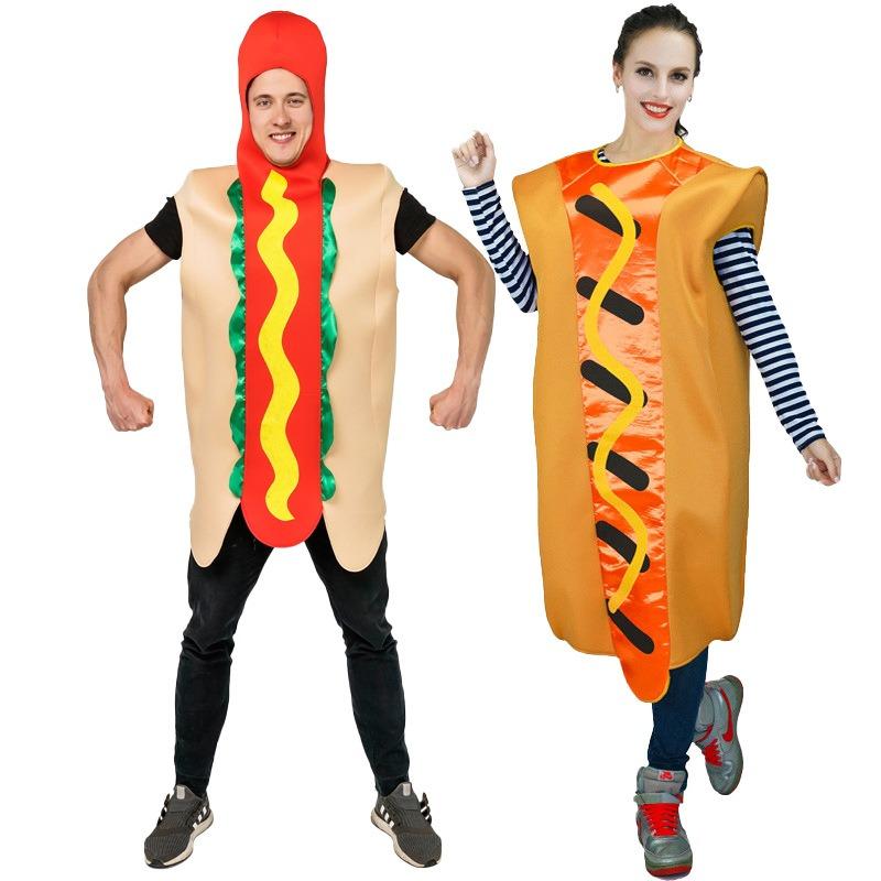 Adult men's and women's funny hot dog party costumes, spoof food couple's stage performance clothes hot dog onesie