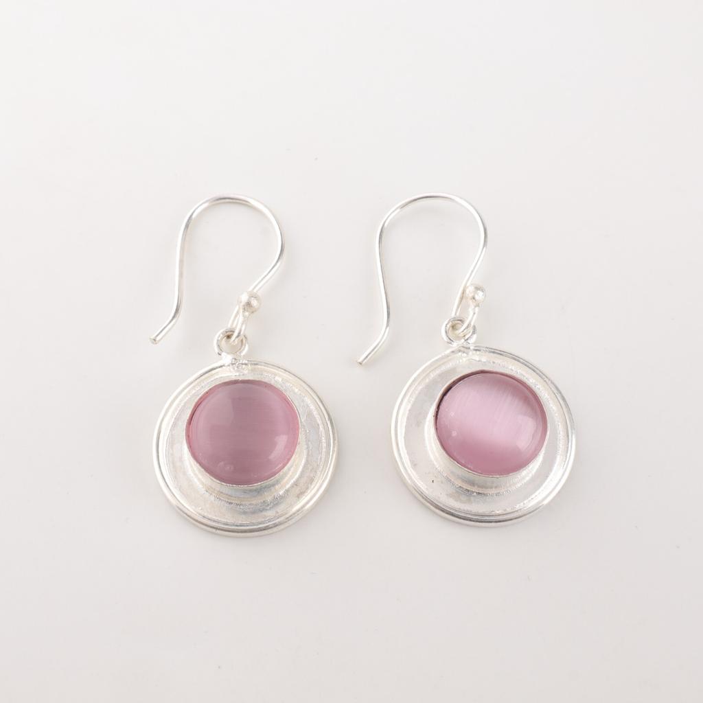 Round Pink Cat's Eye 925 Stamped Silver Gemstone Jewelry Handmade Earrings 1.40" EE-4-49