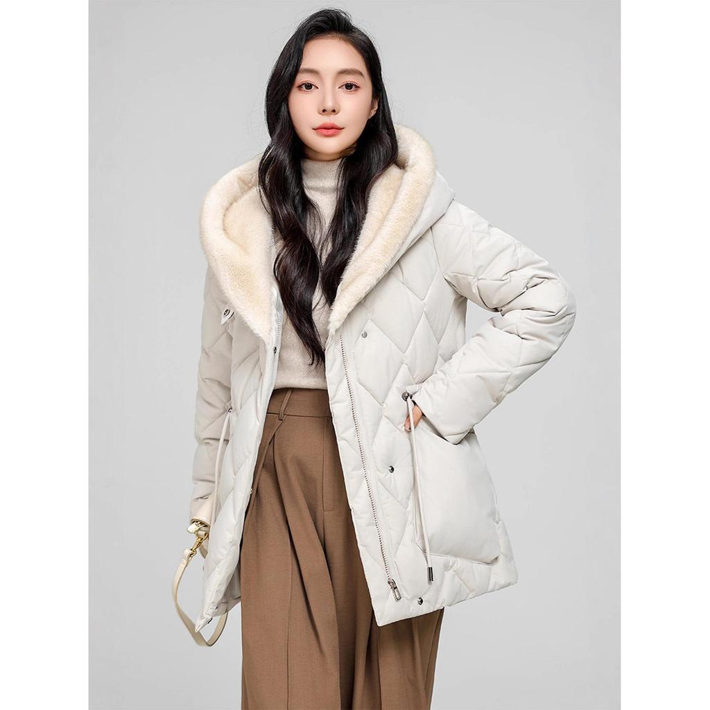 Mid-length loose waist slimming hooded thick diamond-shaped padded jacket jacket