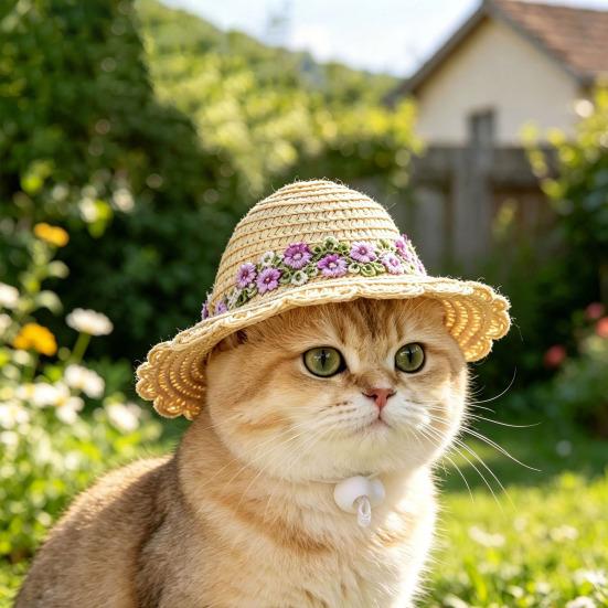 Yousheng Pet Straw Hat, Embroidered Floral Summer Cat Hat, Woven Scalloped Edge Pet Sun Hat with Adjustable Strap for Cats And Small Dogs
