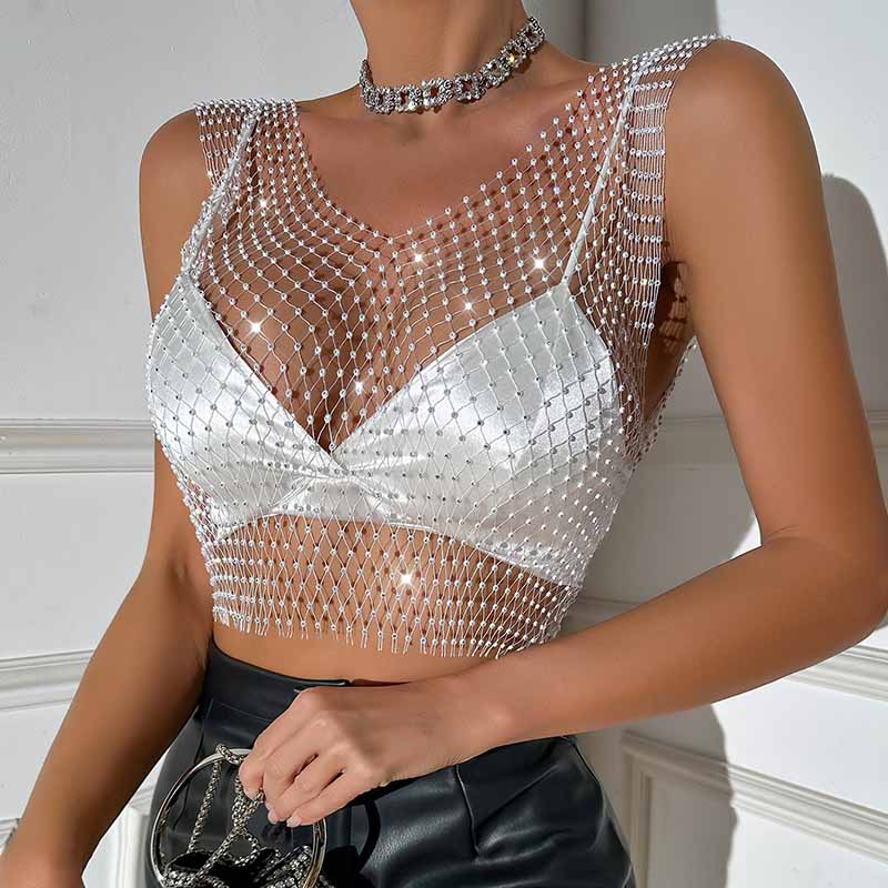 

Sexy Shiny Rhinestone Fishnet Women Y2K Tank Tops See Through Crop Top Summer Beach Cover Up Tops Party Nightclub Women Clothing M