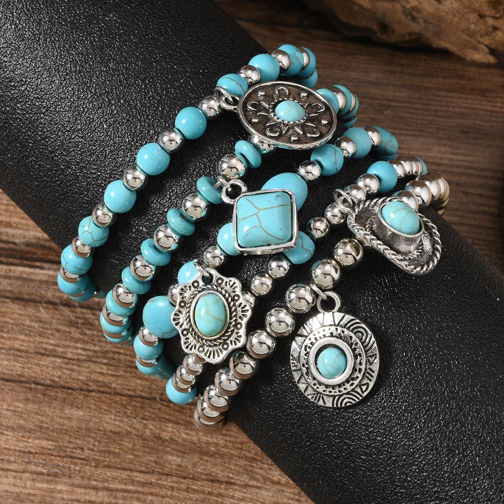 Women Beaded Bracelet Vintage Boho Style Handmade Leather Stretch Bracelet Fashion Vacation Men Accessories 5-piece Set