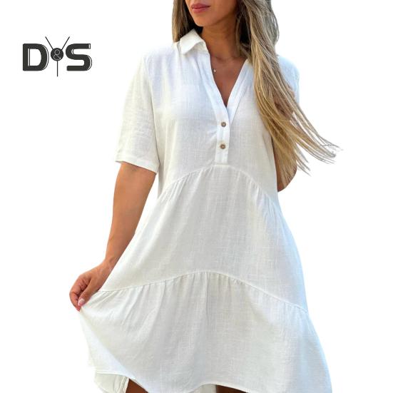 

Летнее платье миди с V-образным вырезом, лоскутным подолом, свободным А-силуэтом, короткими рукавами, плиссированным однотонным платьем длиной до колена для пляжных вечеринок и свиданий M белый