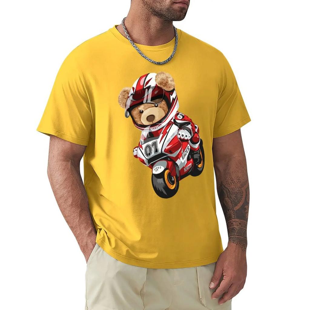 Teddy Bear Riding Racing Motorbike T Shirt Harajuku Short Sleeve T-shirt 100% Cotton Graphics Tshirt Tops