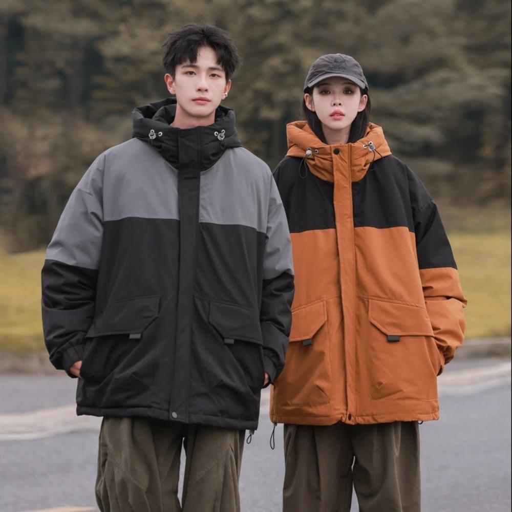 2025 winter new hooded feather tooling color matching fleece clothing fashionable versatile thickened warm and cold-resistant couple jacket