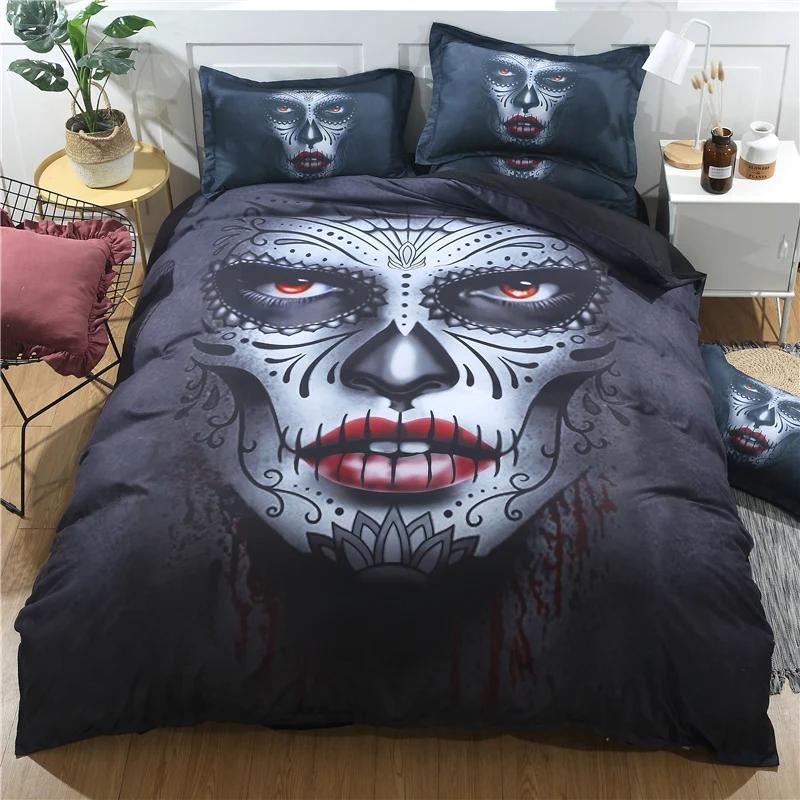 Σετ Κρεβατοκάμαρας Sugar Skull King Beauty Kiss Skull Πάπλωμα Σετ Κρεβατιού Μποέμ Πρίιτ Μαύρα Κλινοσκεπάσματα Queen Size Κρεβατοστρωσιά