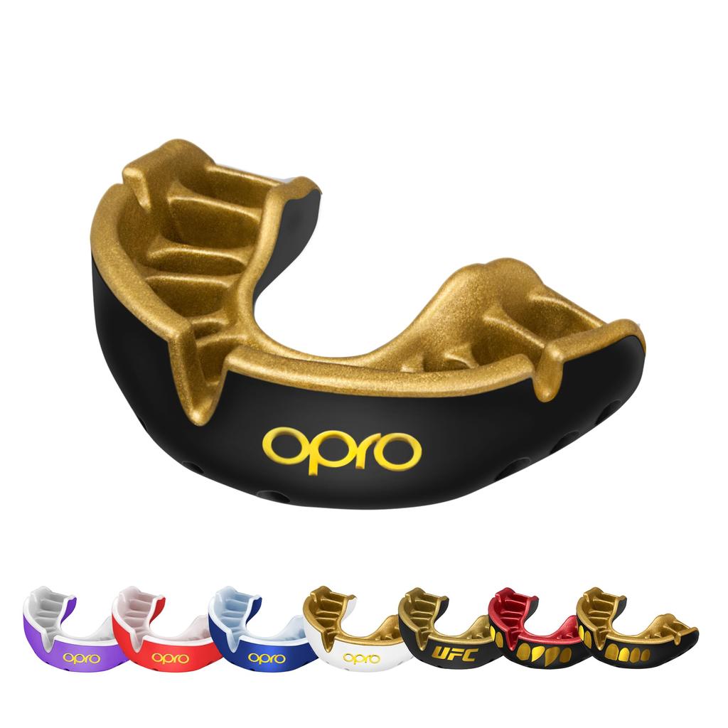 Ochraniacz na zęby OPRO Mouthguard Gold Ustnik do boksu i sportów walki Doskonałe dopasowanie dzięki unikalnemu systemowi dopasowania opracowanemu przez Dental Lab Official