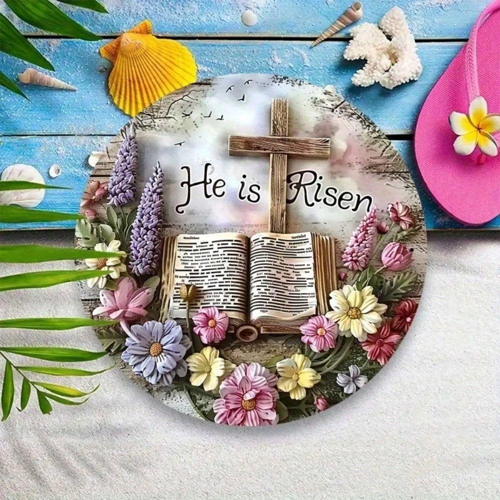 Retro Metal Wall Art Cross Resurrection Flowers Vintage Church Poster