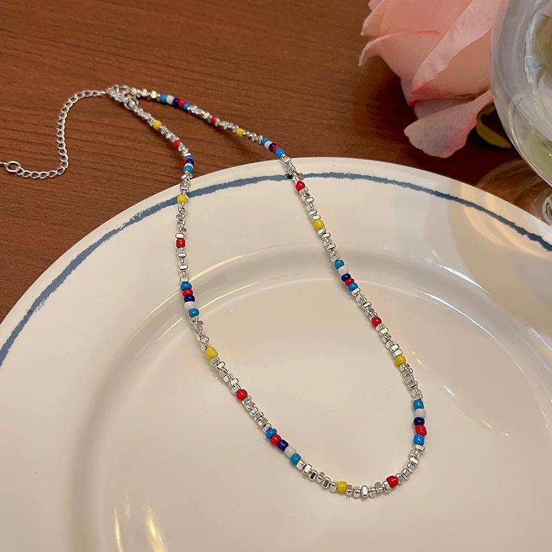 Dopamine Color Beaded Triangle Crushed Silver Necklace Women'S Light Luxury Niche Clavicle Chain Neck Chain Accessories