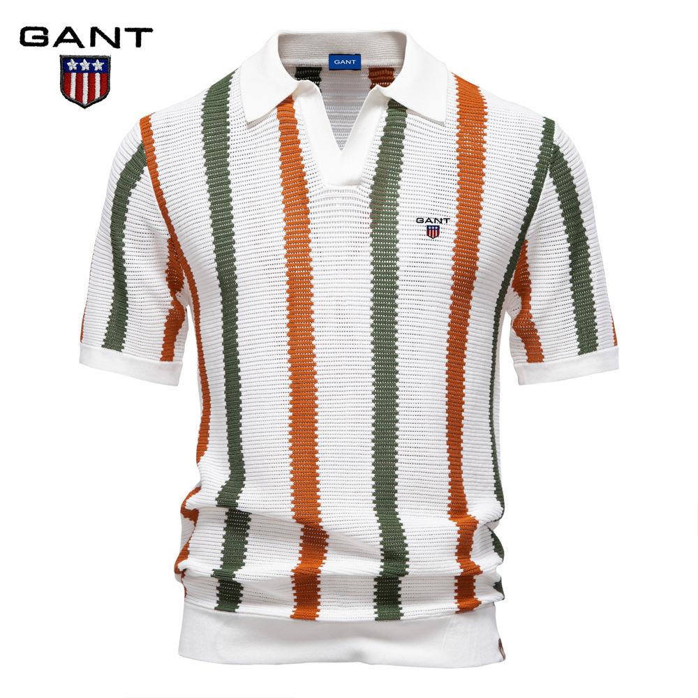 Gant 2025 Summer Embroidery New Breathable Hollow Men's Short Sleeve Polo Sweater Striped Knitted Polo Sweater for Men